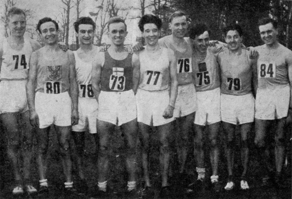 Bolton United Harriers after their win - W. Berry, T. Haslam, H. Minshall, F. Norris, J. R. Fox, S. J. Fell, J. Eastham, R. Williams and A. Morgan
