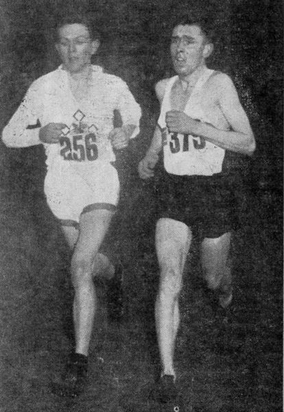 J. S. Evans (Polytechnic Harriers), who finished third, and K. F. Caulder (Surrey AC), the winner of the Juniors, together in the lead after 3 miles