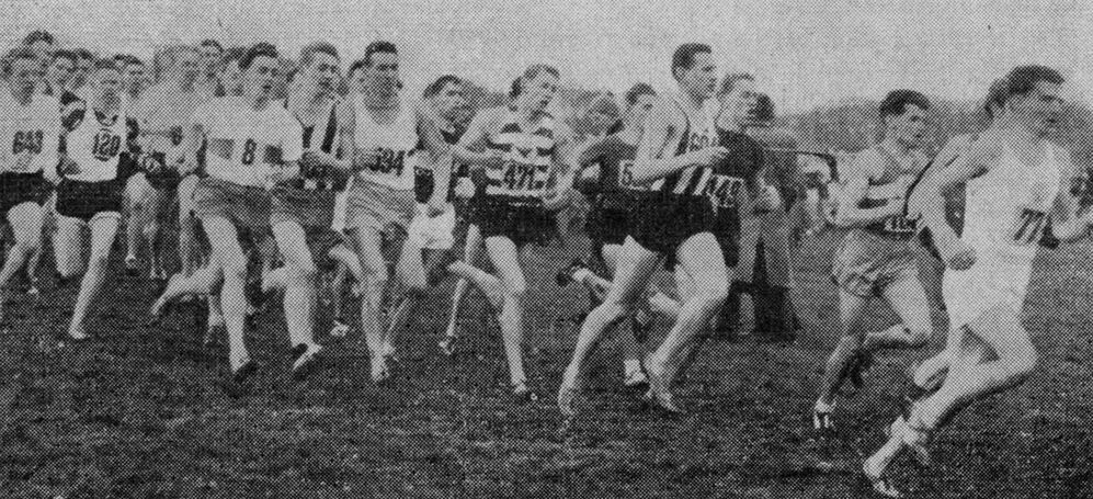Alan Cocking (Bramley & District Harriers) leads at the start of the Junior race
