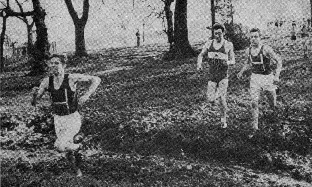 Vic Pope (Hallamshire Harriers) eventual winner leading Michael Sadler (Derby & County AC) and A. Evans (Hallamshire Harriers) in the Youths race