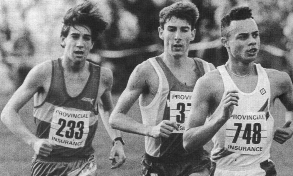 Steffan White - 233 (Coventry Godiva Harriers), Jon Gascoyne (Harlow AC) and Steve Green -748 (Stretford AC) in the Junior race