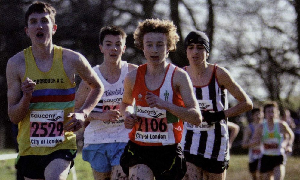 Under 17 men's race with Danny Schofield (Scarborough AC), Andrew Combes (Tonbridge AC), Jonny Hay (AFD) and Richard Goodman (Shaftesbury Barnet Harriers)