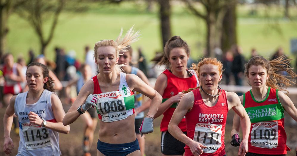 Charlotte Taylor - 1143 (Nene Valley Harriers), Amy Griffiths - 1008 (AFD), Alex Clay - 1111 (Invicta East Kent AC) and Georgia Malir - 1109 (Ilkley Harriers) in the Junior Womens race
