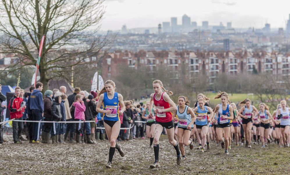 Leaders in the Under 17 Women's race up Kite Hill