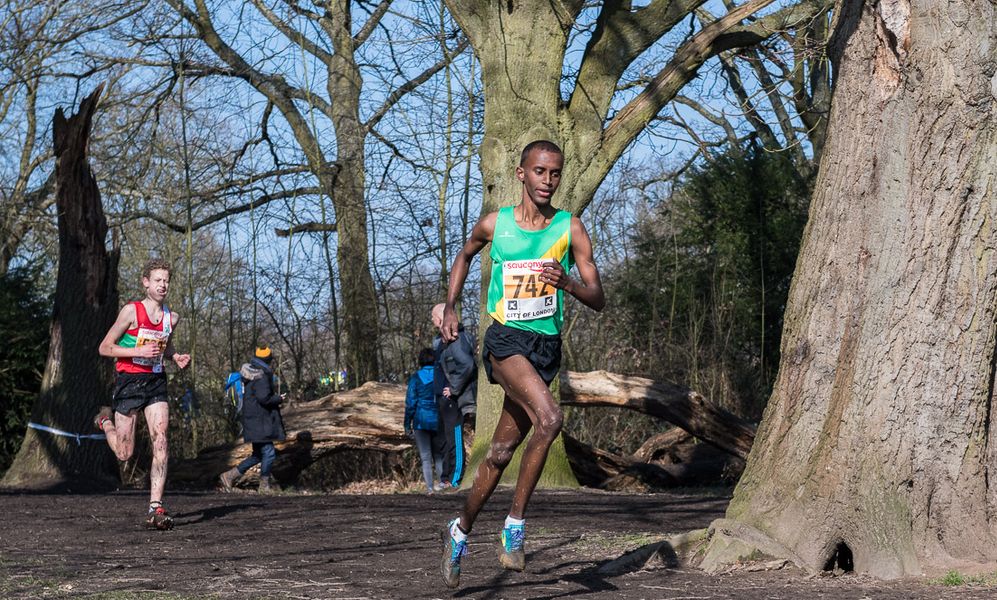 Mohamed Ali (Ealing Southall & Middlesex AC) leads from Will Barnicoat (AFD) in the Under 15 Boy's race